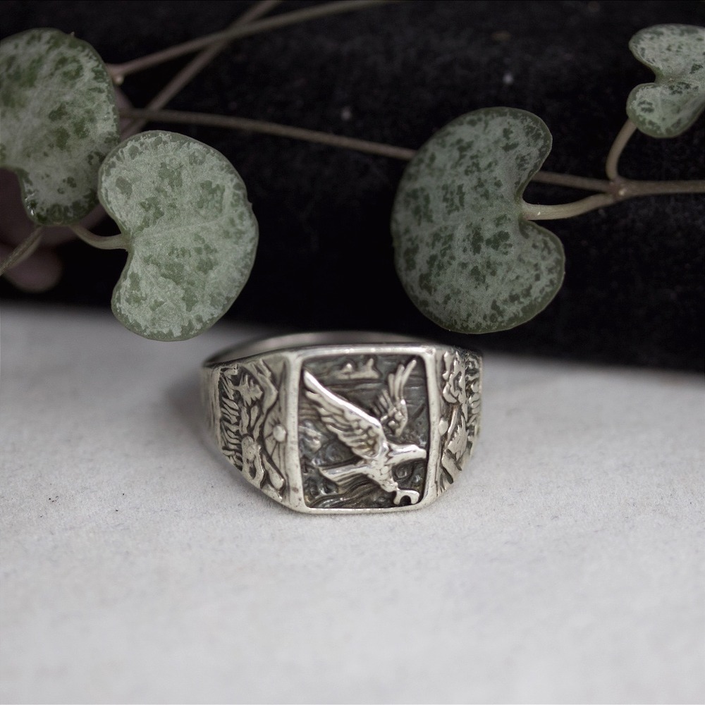 Vintage Sterling Silver 925 Eagle Signet Ring Size 12.5 Soaring Bird Nature Scen - Picture 3 of 9